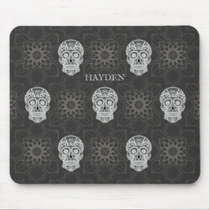 Mousepad Açúcar Craniano Gótico e Padrão Geométrico Cinza