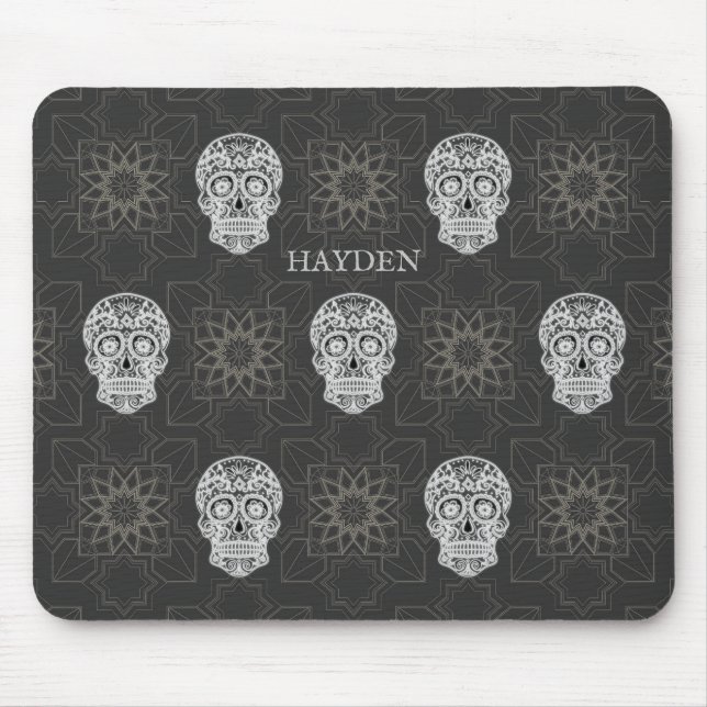 Mousepad Açúcar Craniano Gótico e Padrão Geométrico Cinza (Frente)