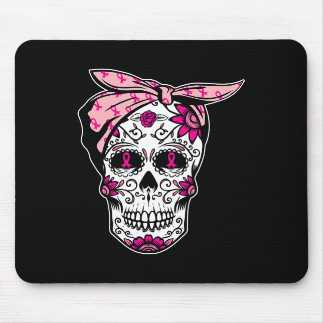 Mousepad Açúcar Crânio Rosa Fita Fita Legal Cancer da Mama  (Frente)