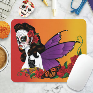 Mousepad Açúcar de Fada Caveira Asas Roxas Rosas Pôr do Sol