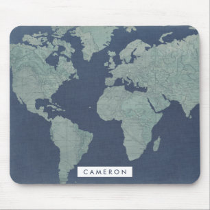 Mousepad Adicionar Seu Nome  Mapa Mundial de Azul Linen