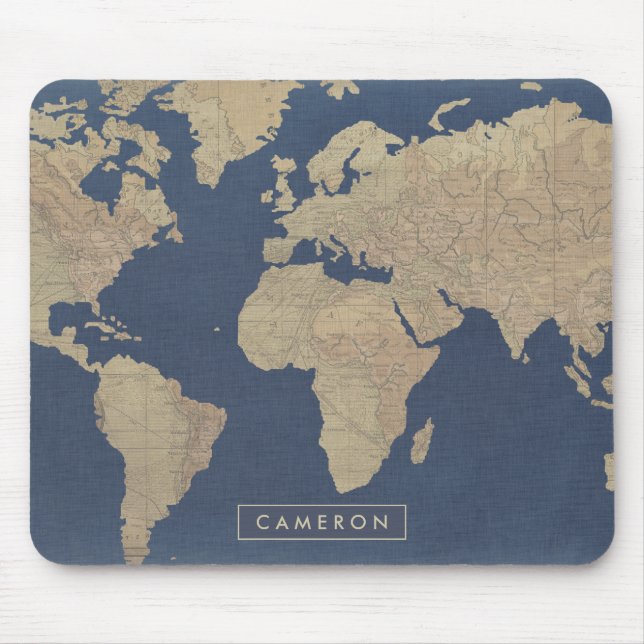 Mousepad Adicione seu nome | Mapa Mundial Dourado e Azul (Frente)