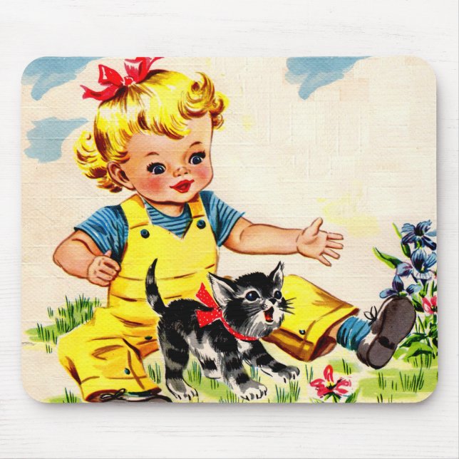 Mousepad adorável garotinha com adorável gatinha (Frente)