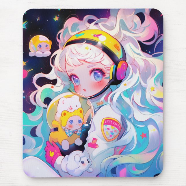 Mousepad Adorável Menina de Animação Kawaii no Espaço (Frente)