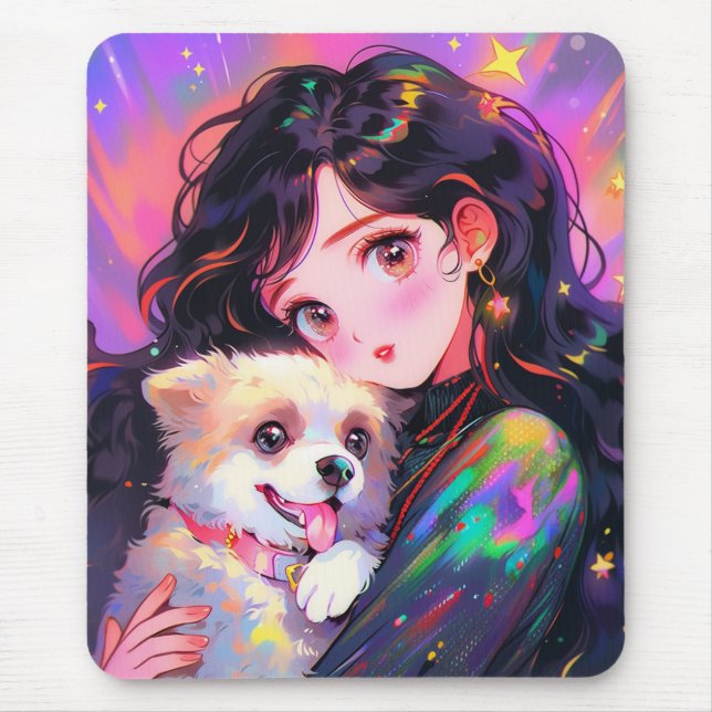 Mousepad Adorável Menina de Animação Retro e Seu Cachorro (Frente)