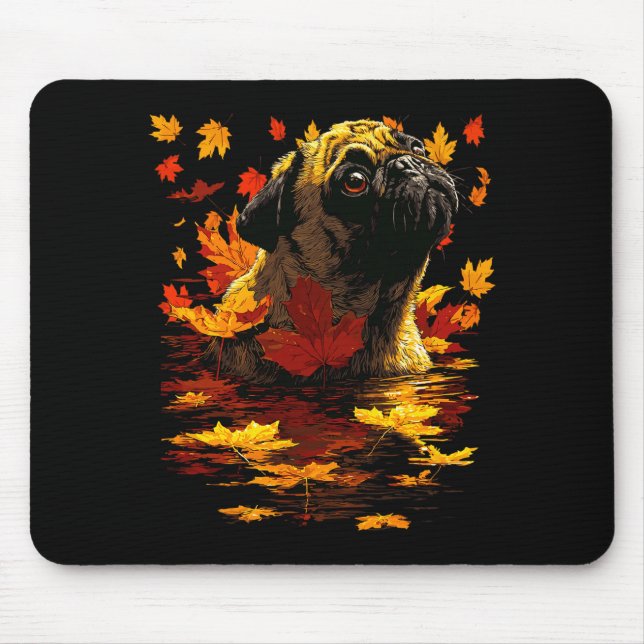 Mousepad Adorável Pug Com Folhas da Floresta Aconchegante C (Frente)