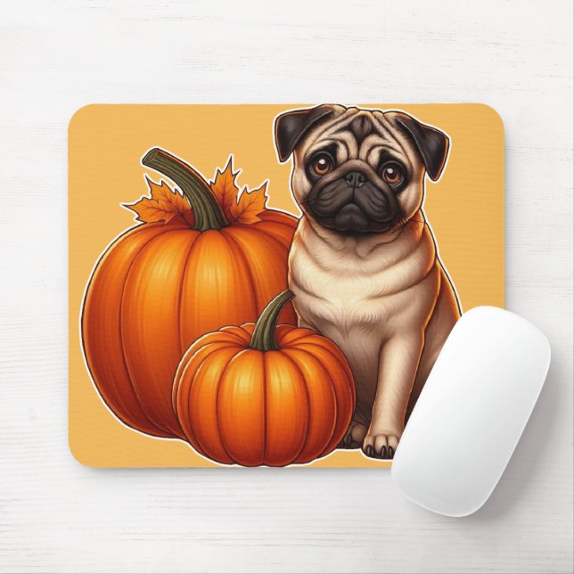 Mousepad Adorável Pug Sentado ao Lado de Abóboras e Folhas (Com mouse)