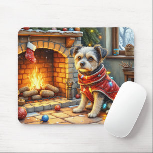 Mousepad Affenpinscher Sentado Lareira Luzes de Natal