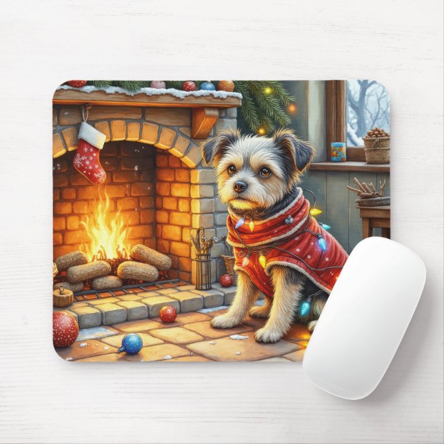 Mousepad Affenpinscher Sentado Lareira Luzes de Natal (Com mouse)
