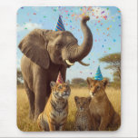 Mousepad African Party Animals with Hats and Confetti<br><div class="desc">An elephant wearing a birthday party hat is spraying colorful confetti in the savannah grass with lion,  leopard,  and tiger cubs</div>