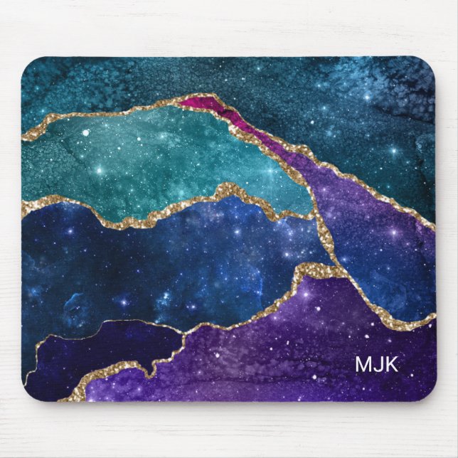 Mousepad Ágata de Monograma Azul Roxo Água Veias Douradas (Frente)