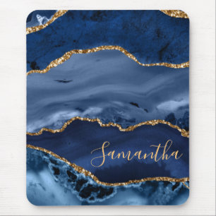 Mousepad Ágata Marmore Azul Marinho e Brilho Dourado Falso