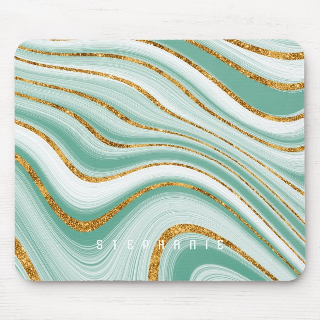 Mousepad Agate Geode Mint Green Faux Glitter Monograma (Frente)