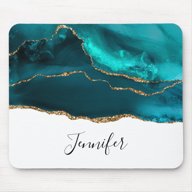 Mousepad Agato Teal Moderno de Na moda e Faixa Dourada de B (Frente)