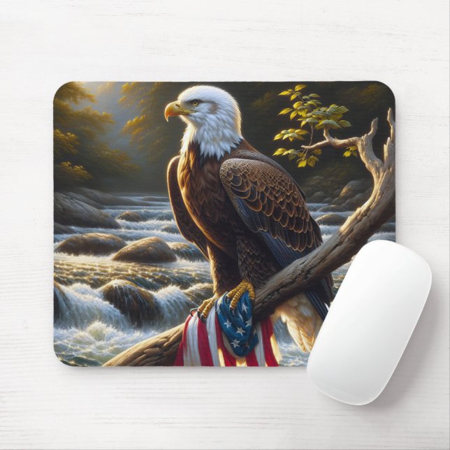 Mousepad Águia Balda com Bandeira Americana em uma Ramifica (Com mouse)
