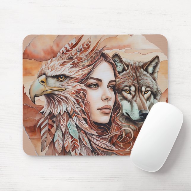 Mousepad Águia - Mulher - Lobo - Marca d'água 1 - Diversão  (Com mouse)