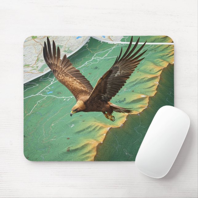 Mousepad Águia Voando Sobre Mapa Topográfico 3D Surrealista (Com mouse)