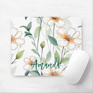 Mousepad Airy White Flowers Greenery Pattern Blossom Floral