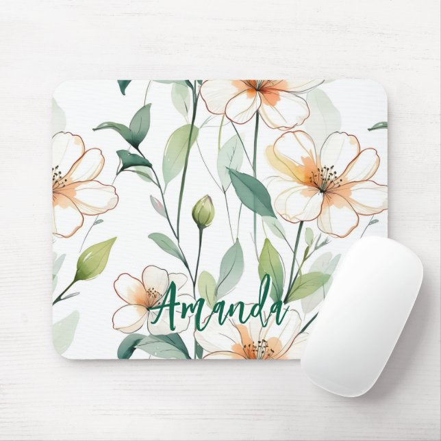 Mousepad Airy White Flowers Greenery Pattern Blossom Floral (Com mouse)