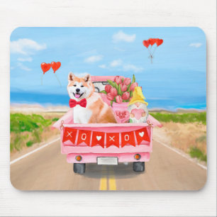 Mousepad Akita Dog Dia de os namorados Truck Hearts