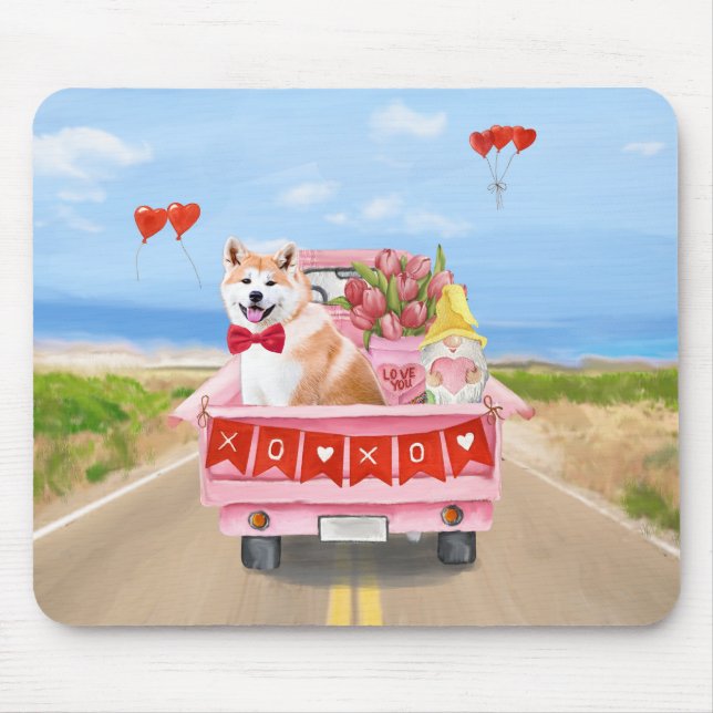 Mousepad Akita Dog Dia de os namorados Truck Hearts (Frente)