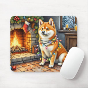 Mousepad Akita Sentado ao Lado da Lareira com Luzes de Nata