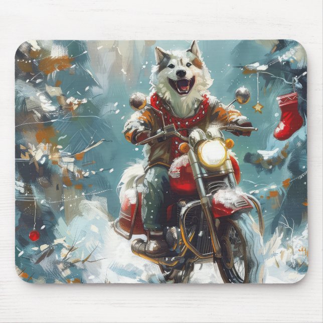 Mousepad Alaskan Malamute Dog Dirigindo Motocicleta Natal (Frente)