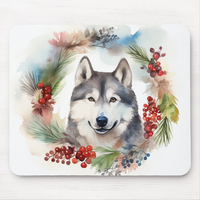 Mousepad Alaskan Malamute, Festivo Wreath Christmas Pup (Frente)