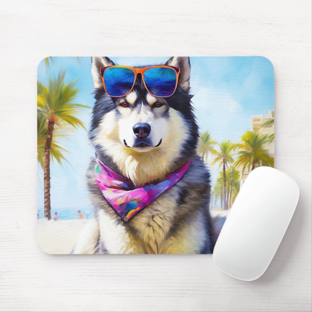 Mousepad Alaskan Malamute na praia, presente de verão (Com mouse)