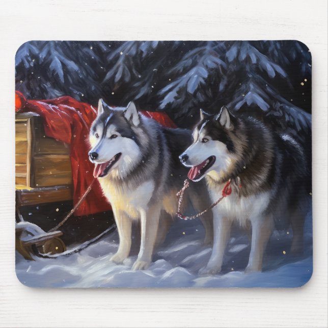 Mousepad Alaskan Malamute Snowy Sleigh no Natal (Frente)