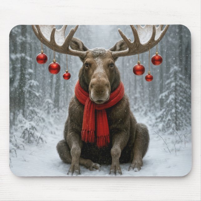 Mousepad Alce de Natal em uma Floresta Nevada (Frente)