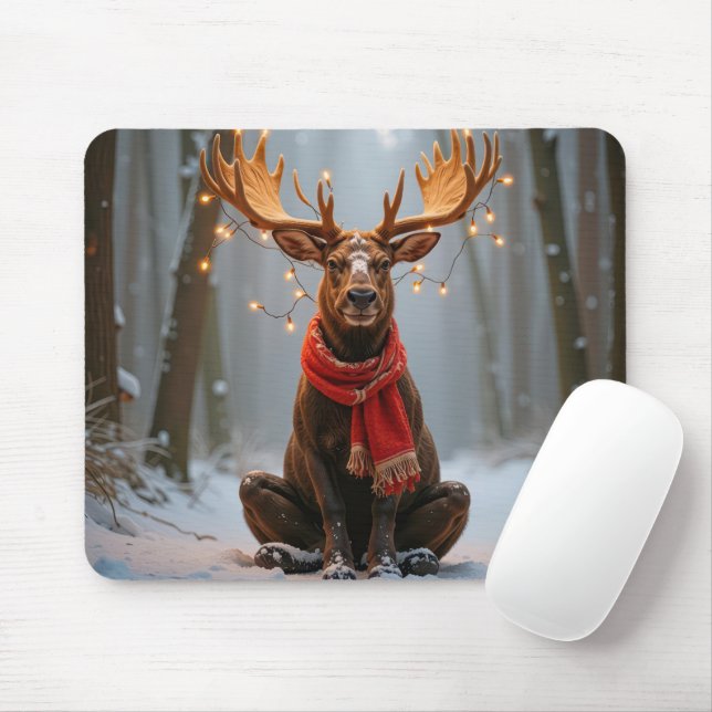 Mousepad Alce de Natal Vestindo Cachecol e Luzes (Com mouse)