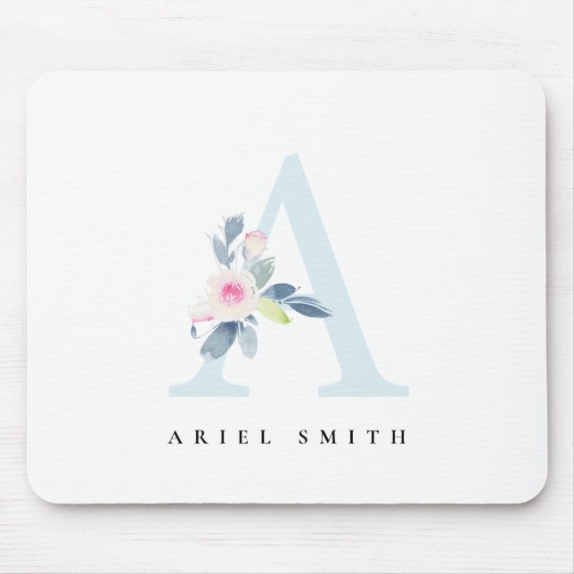 MOUSEPAD ALFABETES FLORAIS AZUIS SUAVES LETRA A (Frente)