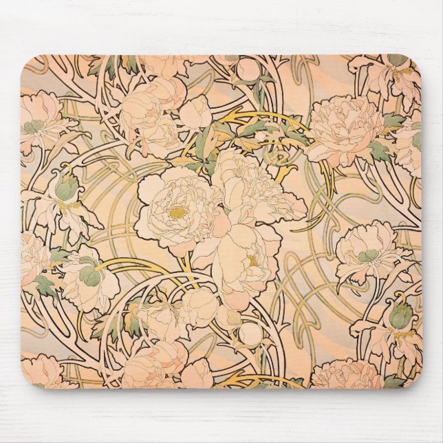 Mousepad Alfonse Mucha Arte Nova Peônias (Frente)