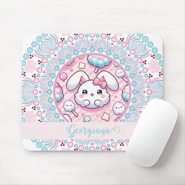 Mousepad Algodão Personalizado Candy Kawaii Bunny Dot Manda (Com mouse)