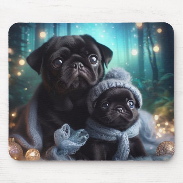 Mousepad Almofada de Rato Cachorrinhos Pug Noite de Inverno (Frente)