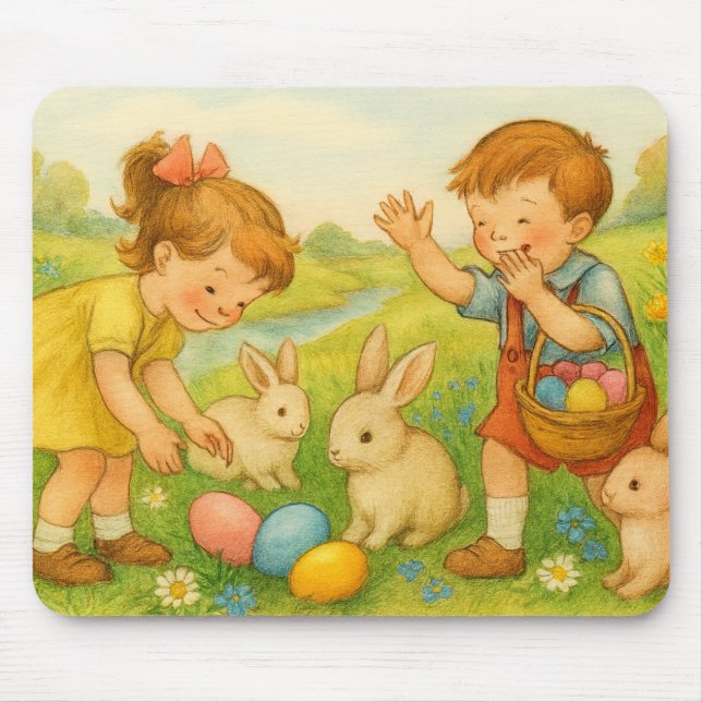 Mousepad Almofada de Rato de Páscoa Crianças e Coelhos (Frente)