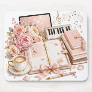 Mousepad Almofada de Rato de Piano Aconchegante Café Floral