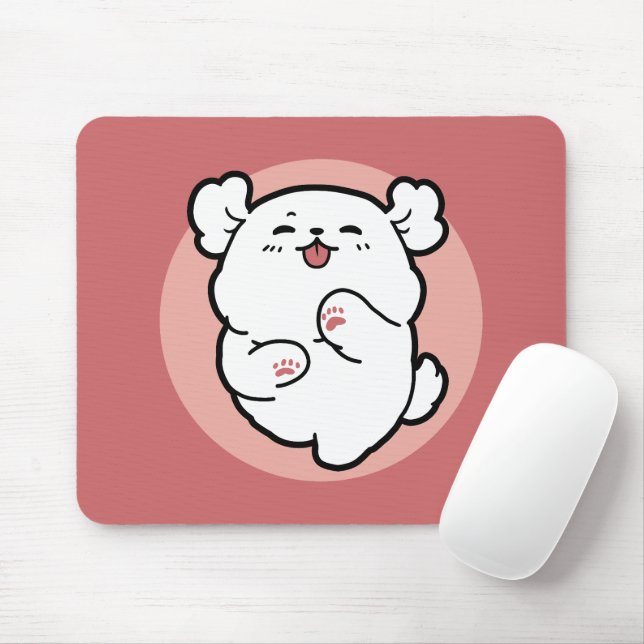 Mousepad Alô! - Design de Cartoon Feliz de Cachorro Branco (Com mouse)