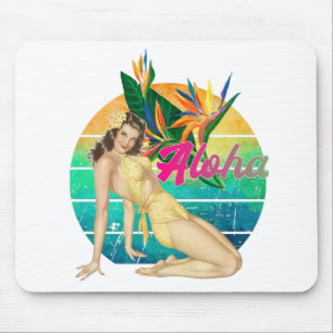 Mousepad Aloha Tropical Pin-up Girl retro sunset art