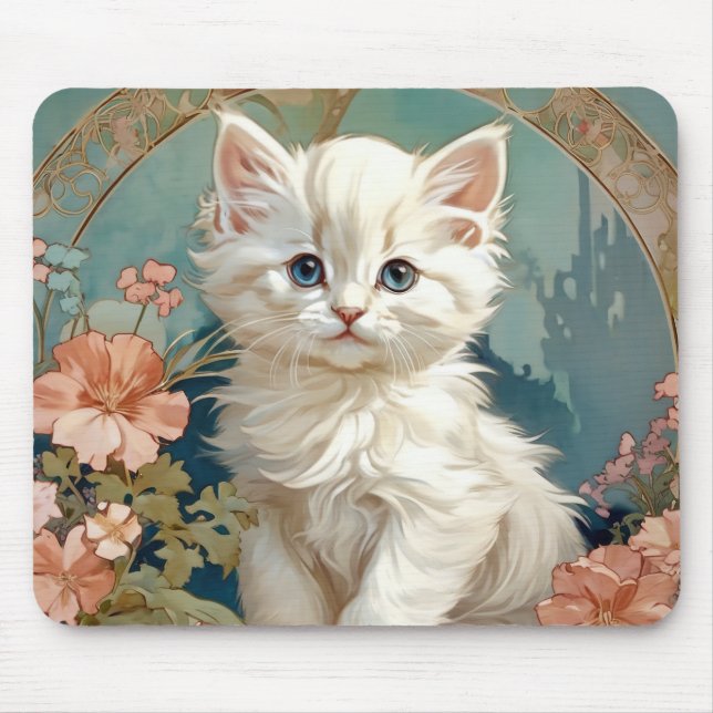 Mousepad Alphonse Mucha Style White Cat (Frente)