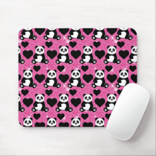 Mousepad Amante de Urso Panda Corações Pretos Brilho Rosa