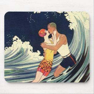 Mousepad Amantes do Art Déco Vintage se beijam nas ondas da