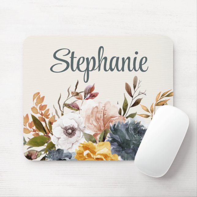 Mousepad Amarelo Azul Branco Aquarela Nome Verde Floral (Com mouse)