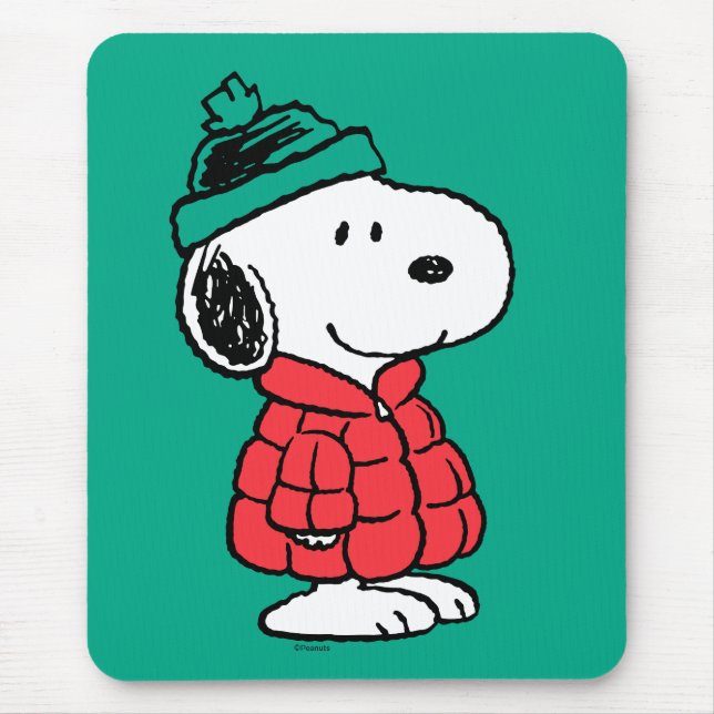 Mousepad Amendoins | Casaco de inverno e chapéu de Snoopy (Frente)