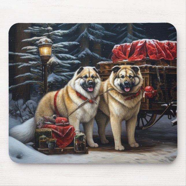 Mousepad American Akita Snowy Sleigh Passear Decência de Na (Frente)