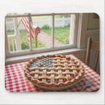 Mousepad American Flag on a Cherry Pie<br><div class="desc">Cherry pie with an American flag lattice crust on a red and white checkered tablecloth by a farmhouse window</div>