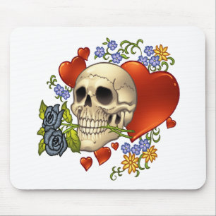 Mousepad Amor do crânio - crânios, rosas e corações pel