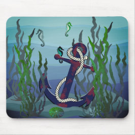 Mousepad Âncora azul-enferrujada náutica/algas marinhas/cas
