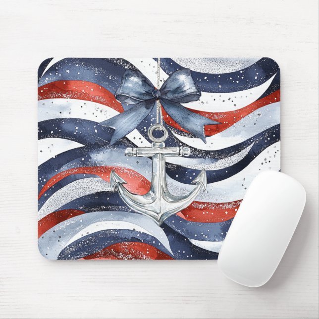 Mousepad Âncora de Arco Vermelho Branco Azul Náutico (Com mouse)
